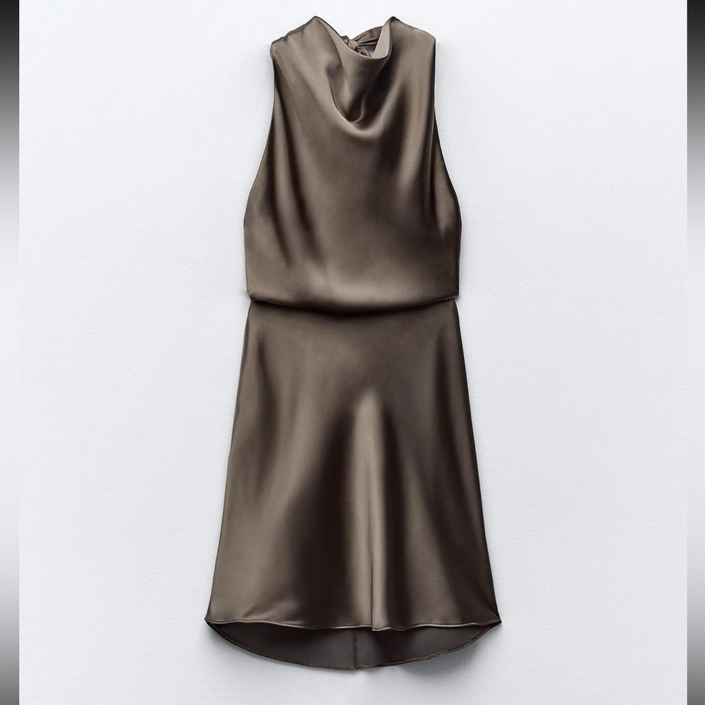 Zara Elegant Sleeveless Satin Effect Dress - Dark Khaki
